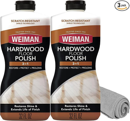 Weiman Wood Floor Polish and Restorer 32 Oz 3PC Bundle - High-Traffic Hardwood Floor, Natural Shine, Removes Scratches, Leaves Protective Layer
