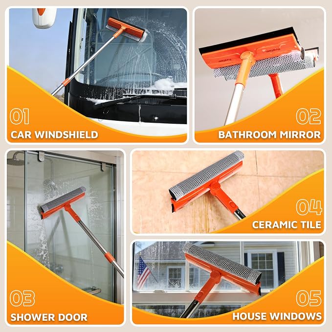 2-in-1 Window Squeegee with 62" Pole — Streak-Free & Sponge Scrubber | No ladder for high windows, skylights, shower doors, car & RV windshields, tile. Orange. Stainless pole sponge scrubber.