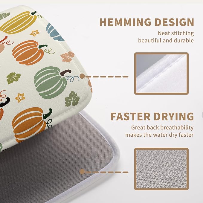 Fall Pumpkin Dish Drying Mats Thanksgiving Dish Mat Autumn Maple Leaves Drying Matt Dishes Dryer Pad for Kitchen Counter Absorbent Microfiber Washable Foldable Reusable 18x24 in