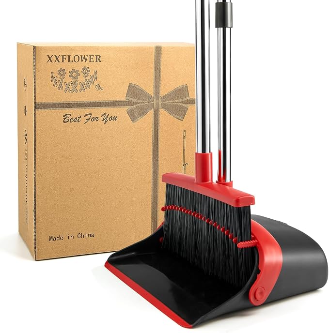 Broom and Dustpan Combo Set,Long Handle,Black Red | Dustpan with Cleaning Teeth Combo,Indoor Sweep Broom for Office Home Kitchen Lobby Floor