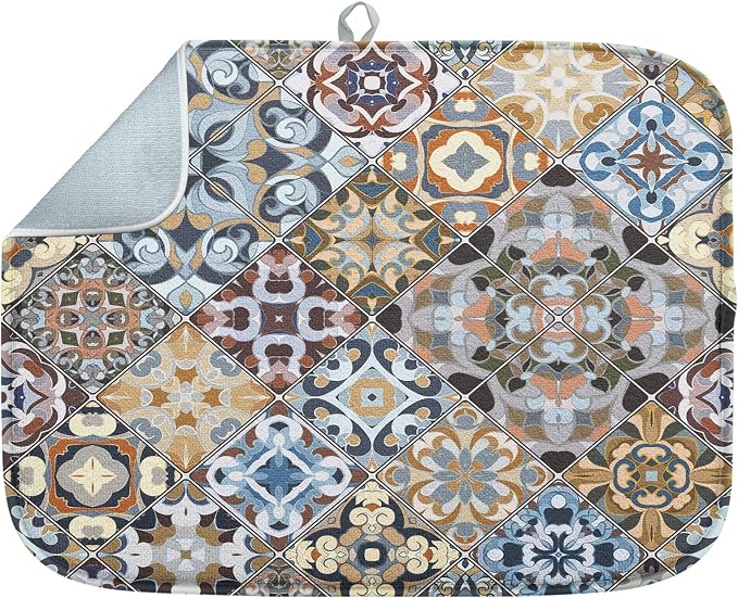Sanwarm Absorbent Dish Drying Mat, Retro Colorful Tiles Vintage Floral Microfiber Pad for Kitchen Counter, Coffee Bar Decor, Heat Resistant and Reversible, 16" x 18"