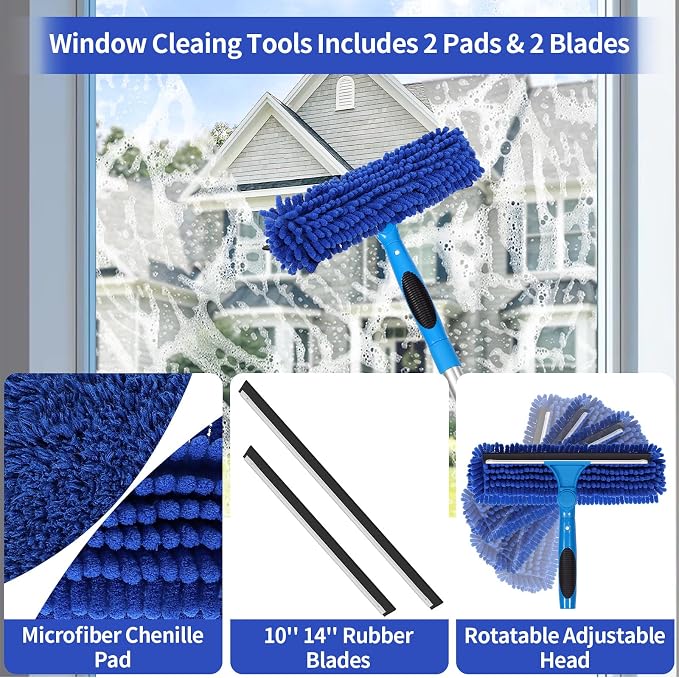 67" Squeegee Window Cleaner, 2 in 1 Professional Window Cleaning Tool Kit with Extension Pole, Window Washing Equipment with Rotatable Head for Indoor Outdoor Windows Car Glass