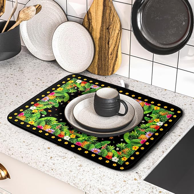 Giwawa Tropical Flamingo Dish Drying Mat Palm Leaves Absorbent Dishes Drainer Pad Microfiber Dish Rack Mat for Kitchen Countertop Decor 16x18 Inch
