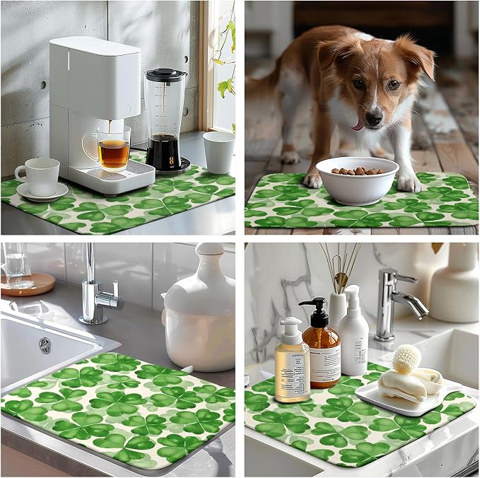 Green Clover Shamrock Dish Drying Mats for Kitchen Counter 16x18 In Happy St. Patrick's Day Lucky Clovers Dish Drainer Mats Spring Sage Leaf Microfiber Drying Pad Dish Dryer Mat for Coffee Bar