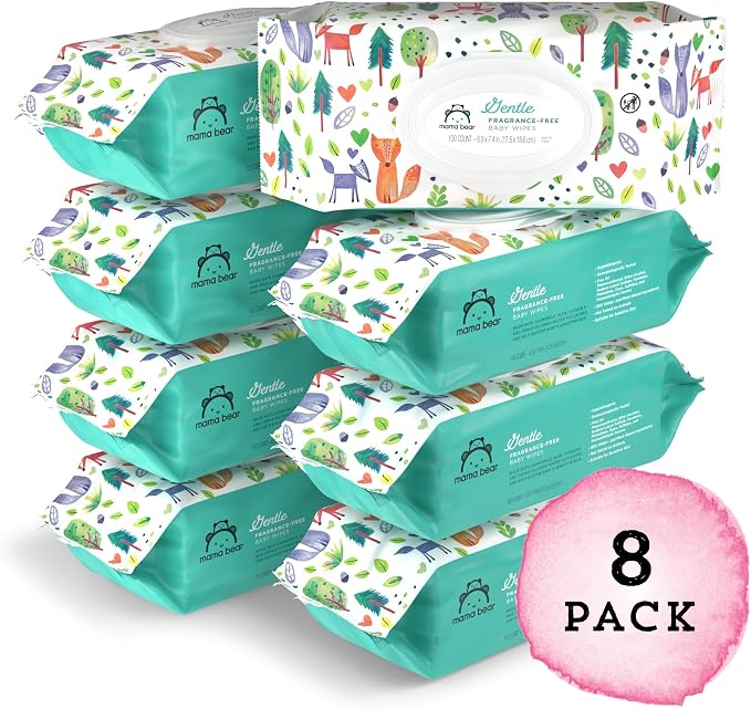 Amazon Brand - Mama Bear Gentle Formulated without Fragrance Baby Wipes, Hypoallergenic, Sensitive Skin, Unscented, 800 Count (8 Packs of 100)