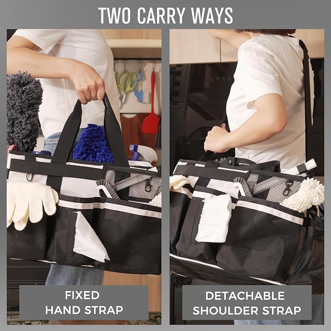 SCAVATA Wearable Cleaning Caddy, Cleaning Caddy Supplies Organizer with Handle & Shoulder Straps for Housekeepers, Under Sink & Car Cleaning Tool Organizers Bag with 4 Foldable Divider (Beige)