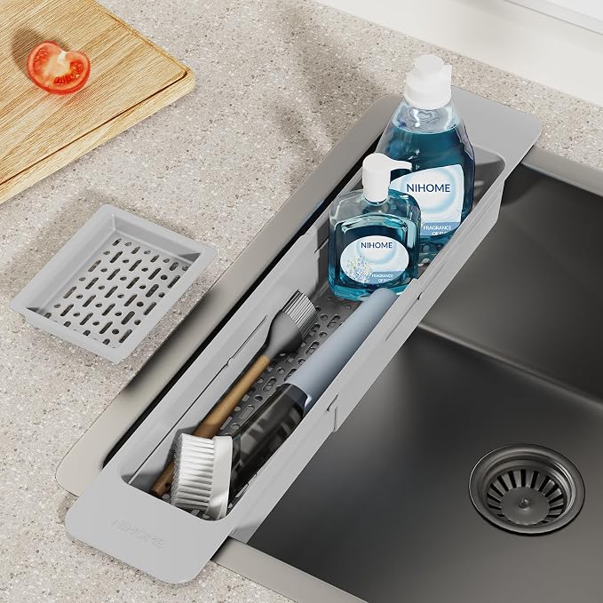 NiHome Extendable Sink Kitchen Organizer, Extra Long Telescopic Brush Storage Rack for Sponge, Non-Slip Pads Expandable Sink Caddy, Adjustable Sponge/Brush Rack with Drainage Durable ABS (Gray)
