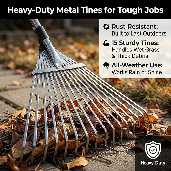 RISETEX Leaf Rake with 53 Gal Leaf Bags, Expandable Heavy Duty Metal Set | Dustpan-type Yard Waste bags, long steel handle Rake for leaves, for lawns, shrubs, grass, yard cleanup, gardening