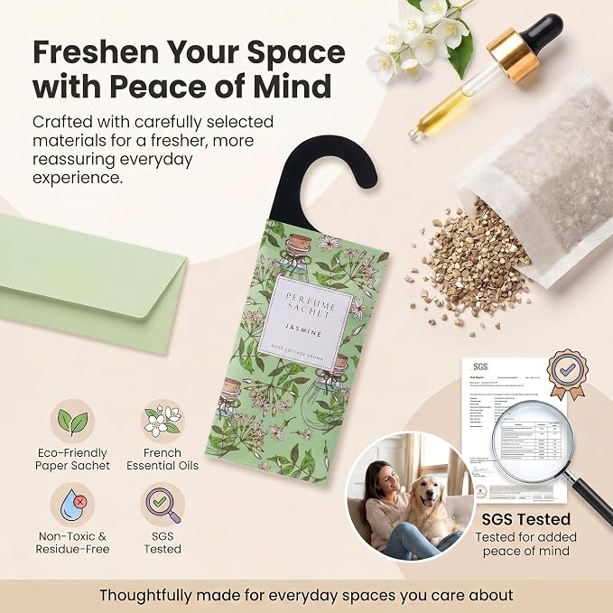 Large 12 Packs Jasmine Hanging Scented Sachets Long-Lasting Closet Deodorizer Air Freshener Fabric Refresher Odor Eliminator for Drawer Home Fragrance Gift Set
