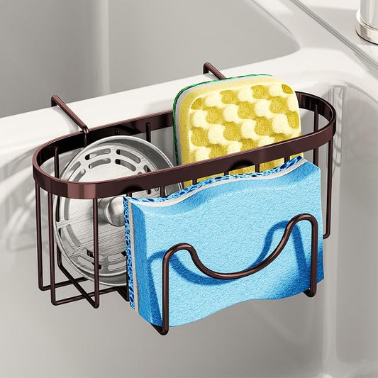 SWTYMIKI Sponge Holder for Kitchen Sink - Movable Kitchen Sink Caddy with M Shape Hook, Stainless Steel Hanging Sponge Caddy for Dish Sponge, Brush, Stopper Organizer in Double Bowl Sink, Bronze