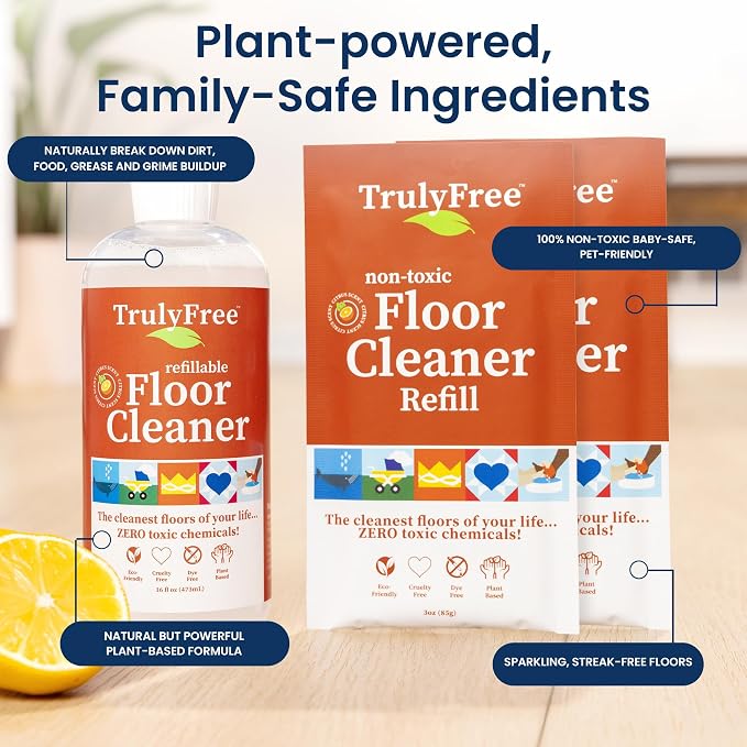 Truly Free Floor Cleaner Kit - Plant-Based Mopping Solution - DIY All-Surface Cleaner for Hardwood, Tile, Wood & Concrete (16 oz Reusable Empty Bottle + Two Fills, 3 oz ea.)