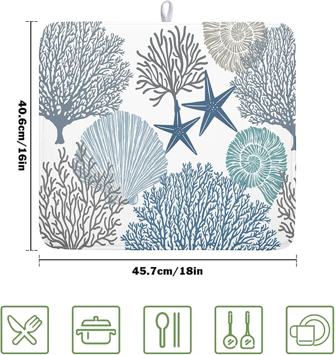 Summer Coastal Dish Drying Mats for Kitchen Counter 16x18 Inch Sea Shells Starfish Drying Mat High Absorbent Reversible Kitchen Mat Blue Coral Ocean Themed Dishes Pad for Countertop Tableware Decor