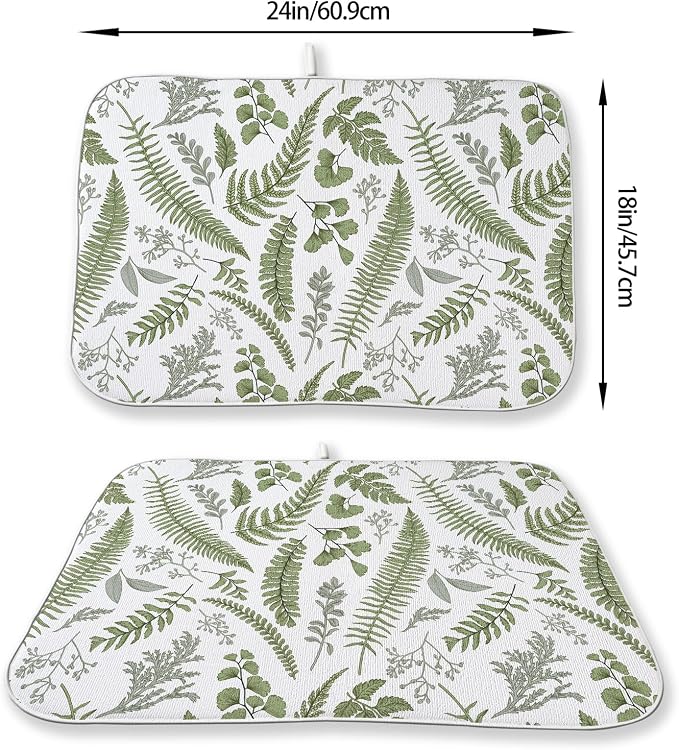 Sage Green Herb Leaves Dish Drying Mat 18 x 24 Inch Vintage Sage Green Leaf Plant Drying Mat for Kitchen Counter Absorbent Spring Summer Botanical Dishes Dry Pad for Drainer Rack Kitchen Fast Dry