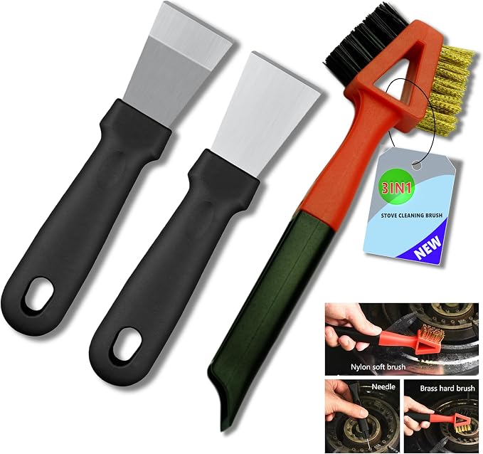 3Pcs (2 Heavy Duty Wide Using Stainless Steel Scraper and 3-in-1Kitchen Stove Cleaning Brush), Brass Brush,Wire Brush,Metal Brush,Nylon Brush, Rust Cleaner for Pot, Range Hood Grease Grime Cleaner