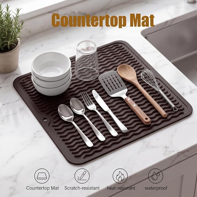 MicoYang Silicone Dish Drying Mat for Multiple Usage,Easy clean,Eco-friendly,Heat-resistant Silicone Mat for Kitchen Counter or Sink,Refrigerator or Drawer liner Coffee M 12 inches x 12 inches