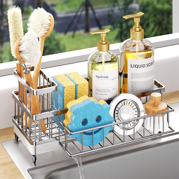 Consumest Sponge Holder for Kitchen Sink - Auto Draining Sink Caddy Organizer with Detachable Rack, High Brush Holder, Kitchen Countertop Storage Accessories, Silver-Large