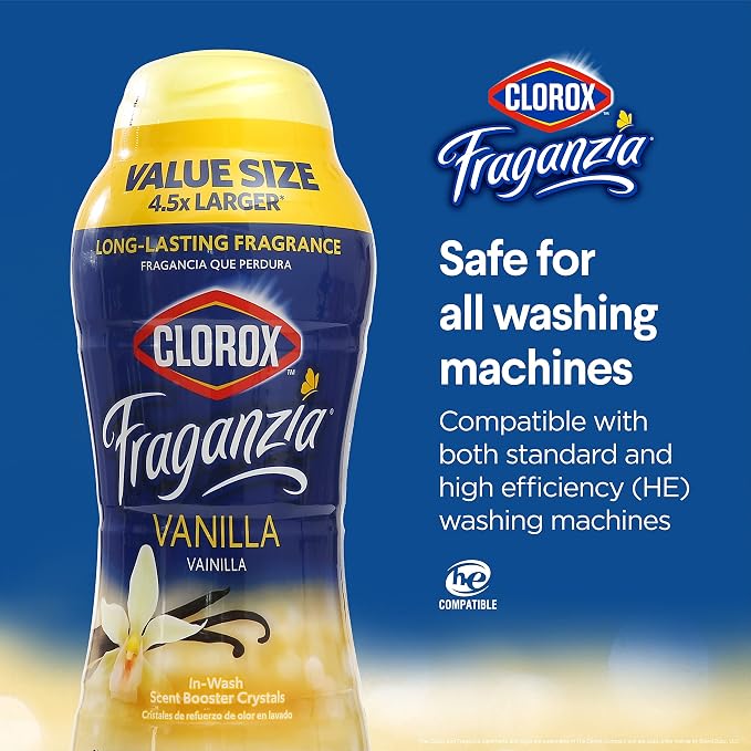 Clorox Fraganzia Laundry Scent Booster Crystals, In-Wash Fragrance Beads for Fresh-Smelling Clothes & Linens, Safe for All Fabrics & Colors, Easy-Pour Bottle, Vanilla Scent, 70 Oz