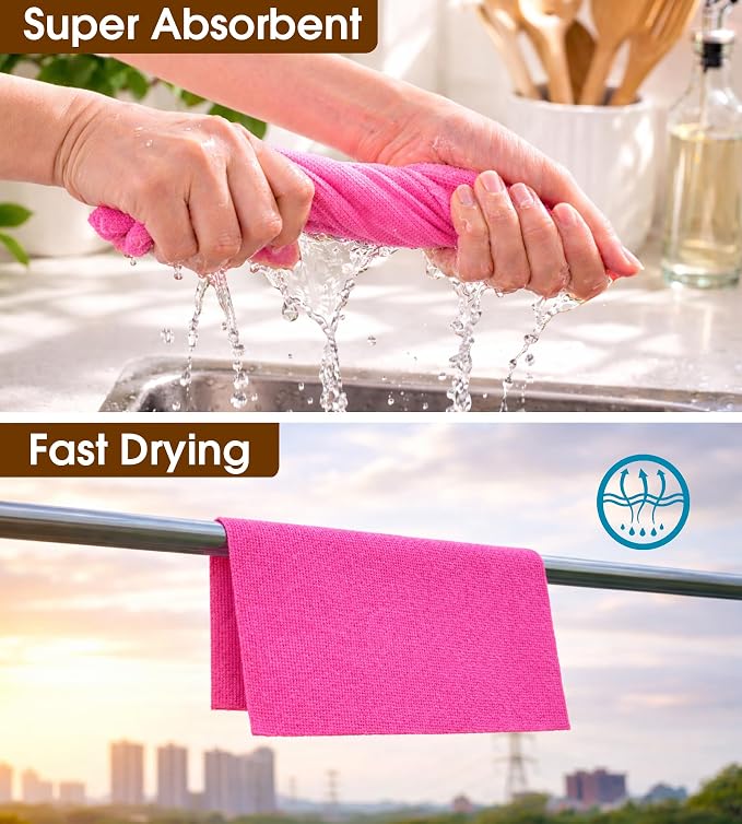 KitchLife Microfiber Cleaning Cloth Roll, 100 Pack - Tear-Away Microfiber Paper Towels, Lint-Free, Reusable, Washable for Kitchen, Car, Dishes, and Sensitive Surfaces (Hot Pink)