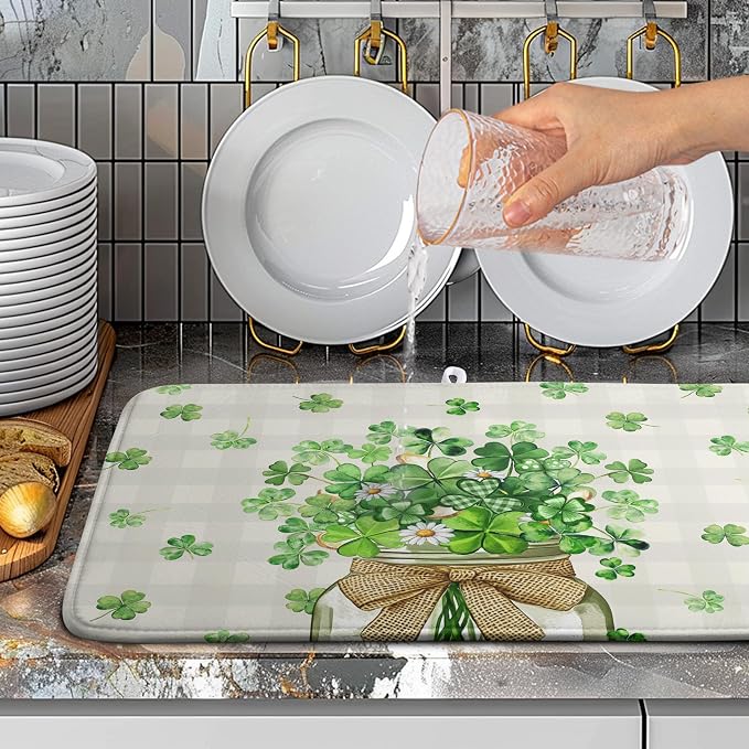 St Patricks Day Shamrock Dish Drying Mat Green Spring Kitchen Dishes Drying Pad Absorbent Dish Dryer Mats for Kitchen Countertops Microfiber Washable Large18x24 in