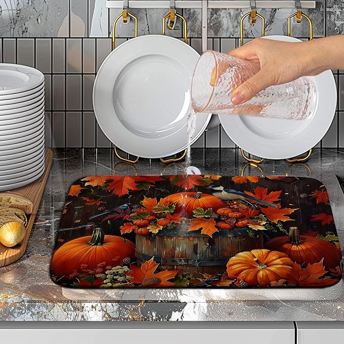Fall Pumpkin Kitchen Drying Mat 16x18 Inch - Autumn Maple Leaves Bird Dish Mat for Kitchen Counter - Microfiber Absorbent Pad for Dishes, Coffee Bar