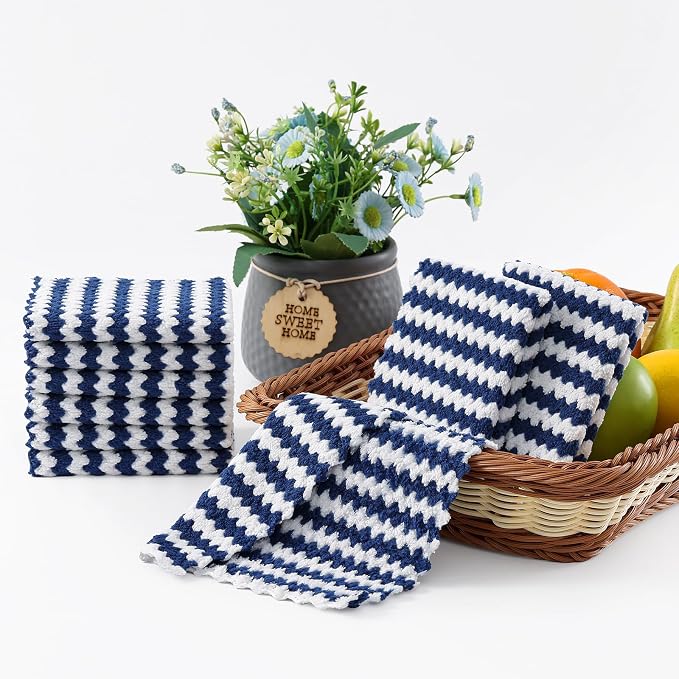 Homaxy 12 Pack Kitchen Dish Cloths, Ultra Soft and Absorbent Dish Towels, Reusable Fast Drying Microfiber Cleaning Cloth, Coral Velvet Wave Design No-lint, 7 x 9 inches, Navy Blue