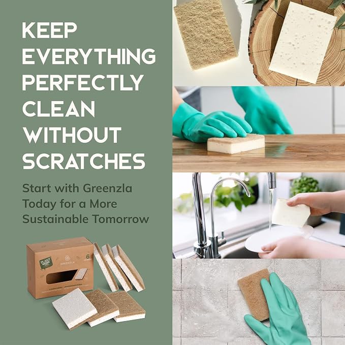 GREENZLA 6 Pack Kitchen Sponges | Non-Scratch Hemp & Sisal | Dual-sided: scrubbing + absorbent cellulose | Odor-resistant | Biodegradable | Dishes, sinks & bathtubs