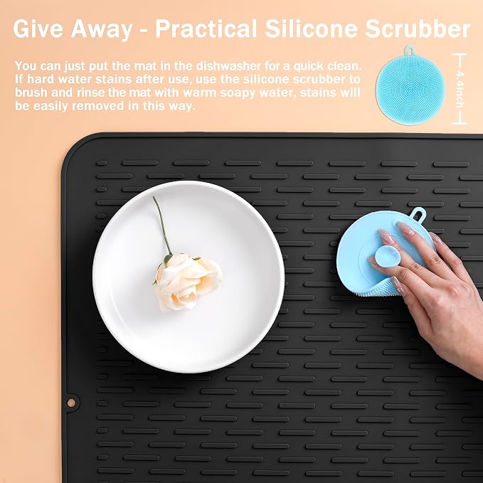 Extra Large 30 x 24 Inch Silicone Dish Drying Mat for Dish Drying Rack , Easy Clean Silicone Drying Mat for Kitchen Counter , Non-Slip Dishes Drain Mat , Heat Resistant Silicon Dish Matt, Black, SAPID
