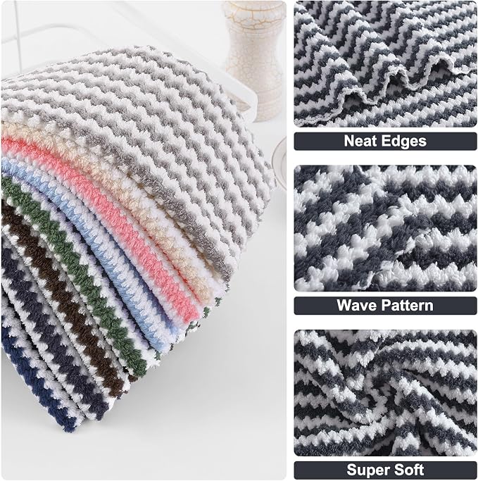 Homaxy Kitchen Towels(12 Pack, 10 x 20 inches), Ultra Soft and Absorbent Dish Towels, Reusable Fast Drying Microfiber Cleaning Cloth, Coral Velvet Wave Design No-lint, Dark Grey
