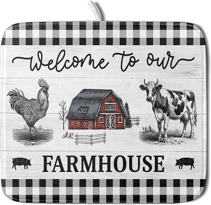 Farmhouse Barn Dish Drying Mat 16x18 Inch Cow Rooster Absorbent Microfiber Dish Drainer Rack Pad Bottles Protector for Kitchen Counter