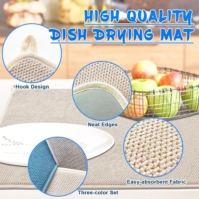 3 Pack XXL Dish Drying Mats,24×17" Absorbent Microfiber Dishes Drainer Mats,Large Size Pads for Kitchen Counter,Coffee,Rack,Under Sink(Beige,Blue,Gray)