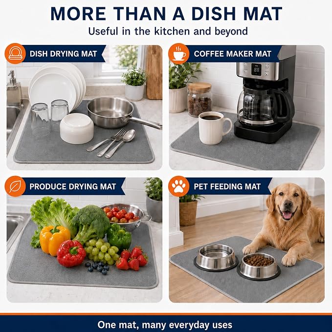 Dish Drying Mat 24 x 17 in, Large Microfiber Drying Mats, Absorbent Quick Dry Pad for Kitchen Counter, Countertop Protector for Dishes, Pots & Pans, Machine Washable, Gray (2 PCS)