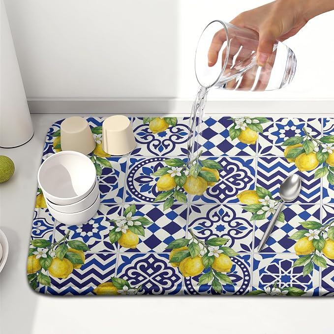 Lemon and Blue Tile Dish Drying Mat 16x18 Inch Absorbent Reversible Mexican Tilt Drying Mat Blue White Italy Lemons Dish Drying Rack Mat Summer Themed Dish Drainer Mat for Kitchen Counter Coffee Bar