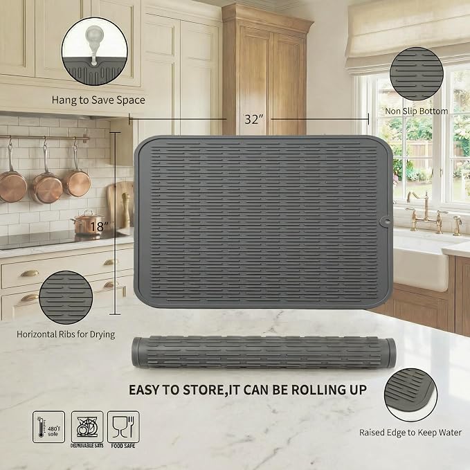 MicoYang Silicone Dish Drying Mat for Multiple Usage,Easy clean,Eco-friendly,Heat-resistant Silicone Mat for Kitchen Counter or Sink,Refrigerator or Drawer Liner Grey 4XL 32 inches x 18 inches