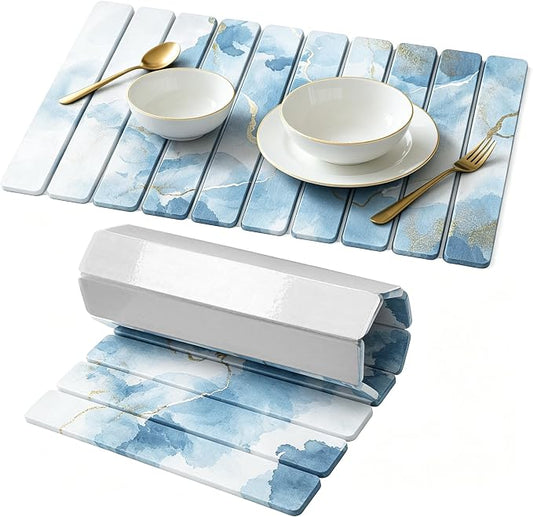 Stone Drying Mat for Kitchen Counter, Quick Diatomaceous Earth Mats for Dishes, 24"L x 16" W Super Absorbent Fast-Drying Collapsible Countertop Stone Mat (Marble White Blue, 24" x 16")