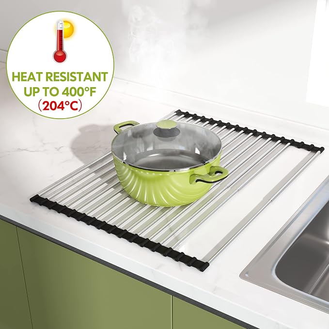 JASIWAY Roll Up Dish Drying Rack, Expandable (12.8"-23.8" D x 15.5" W) Stainless Steel Portable Drainer for Kitchen Sink Counter, Foldable Over The Sink Cover with Removable Utensil Holder, Black