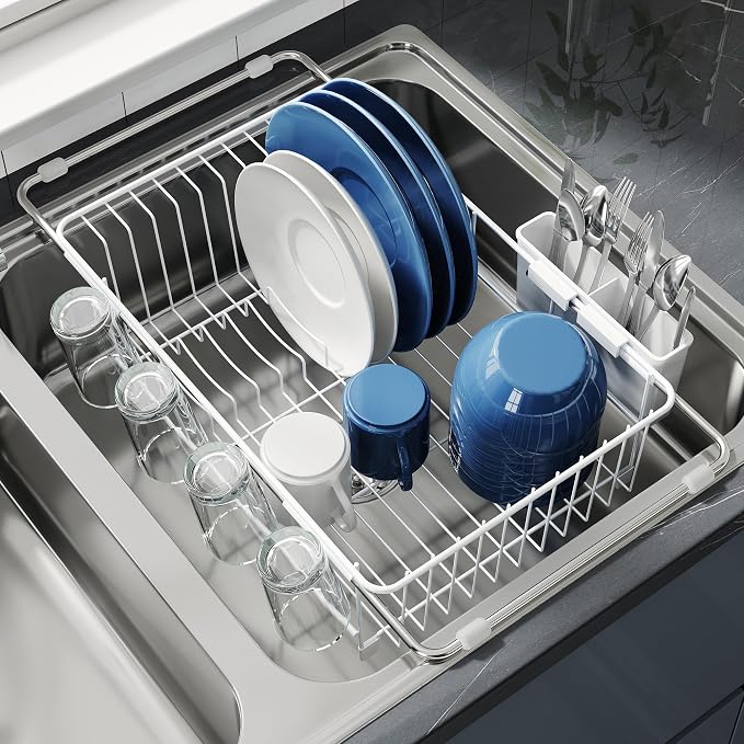 JASIWAY White Dish Drying Rack in Sink, Expandable Stainless Steel Dish Drainers for Kitchen Counter, Dish Dryer Rack for Inside Sink, Over The Sink Dish Racks with Utensil Holder