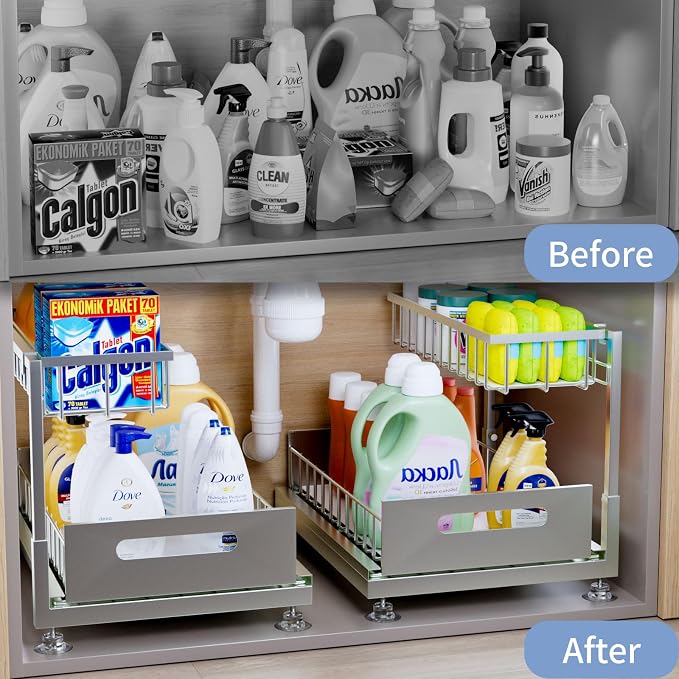Saydear L-Shaped Under Sink Organizer, 2-Tier Pull-out Cabinet Rack 1-Pack | Grey Height-Adjustable Steel Rack, Sliding Grid Drawers with PP Liners, Holds 100 Lbs, Suction Base, Ideal Kitchen Storage