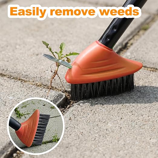 3 in 1 Scrub Brush with Long Handle – Your All-Purpose Deck Brush, Weeding Tool & Concrete Scrubber Tackle Patio Weeds, Floor Stains, Moss, and Rust with one Versatile Set. (Orange)