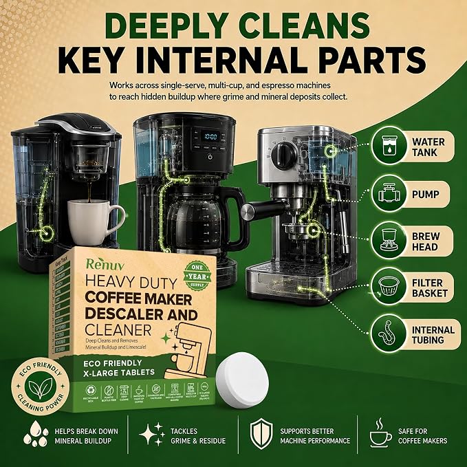 Renuv® Dishwasher Cleaner + Coffee Maker Cleaner Bundle, 12 Tablets Each | Heavy Duty Kitchen Appliance, Deep Cleaning, Descaling and Deodorizing