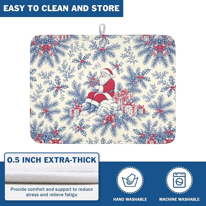 Christmas Santa Claus Dish Drying Mat for Kitchen Counter 18x24 Inch | Vintage Blue Chinoiserie Christmas Holly Leaves Dish Drainer Mat Rustic Xmas Holiday Absorbent Washable Drying Pad