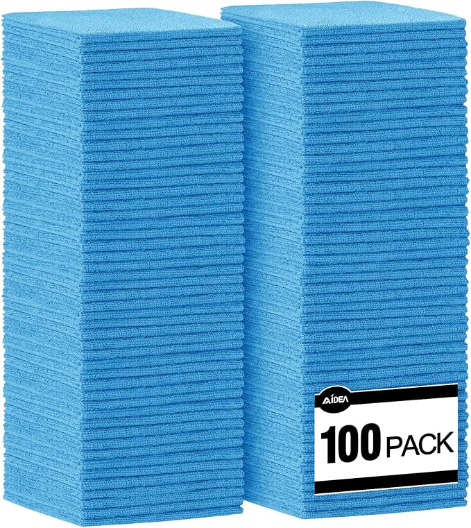 AIDEA Microfiber Cleaning Cloth Blue-100PK, Soft Absorbent Shop Rags, Microfiber Towels for Cars, Kitchen Towels, Dusting Cloth for Home, Window, Cleaning Supplies, 12"×12"