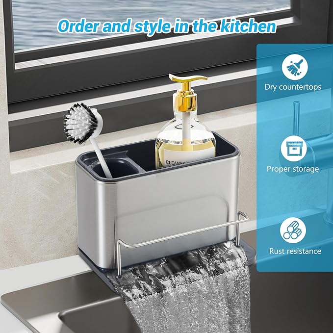 Kitchen Sink Organizer Stainless Steel, Stainless Steel Kitchen Sink Organizer, Compact Multi-Compartment Caddy for Sponges, Brushes & Cleaning Supplies, Rust-Resistant, Easy to Clean