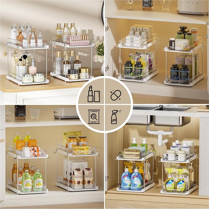 Delamu 2 Tier Under Sink Organizer Bathroom, Bathroom Cabinet Organizer with Snap-Lock Design and Hooks, Pull Out Storage with Movable Dividers, for Countertop, Kitchen and Pantry (White, 2 Pack)
