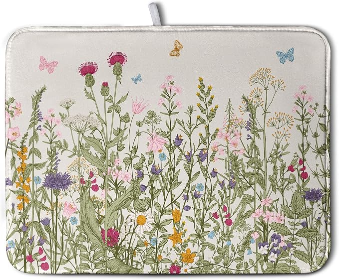 Wildflower Floral Dish Drying Mat for Kitchen Counter Vintage Rustic Flower Drying Mats Spring Summer Herb Plant Absorbent Microfiber Dishes Pad Washable Dish Draining Mat Extra Large 18"x24"