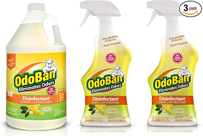 OdoBan Ready-to-Use Disinfectant and Odor Eliminator, Made in the USA, Citrus Scent, Set of 3, 2 Spray Bottles, 32 Ounces Each and 1 Gallon Concentrate