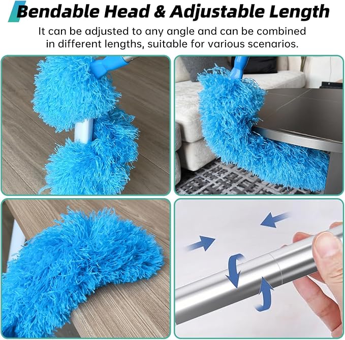 DRQ Ceiling Fan Cleaner Duster, 2 Pack Reusable Microfiber Duster with Extension Pole, 13 to 48 Inch Fan Blade Cleaner, Removable Dusters for Cleaning Walls Bookshelves Door Window Top (Blue)