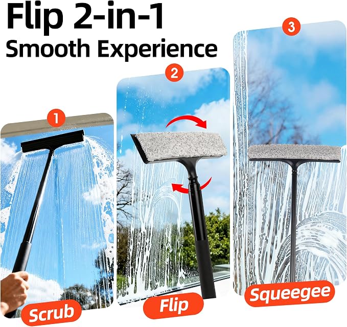 16-59" Telescopic 2-in-1 Window & Shower Squeegee for Glass Doors | 30% thicker silicone blade, microfiber pad, ideal for car windshields, bathroom tiles, RVs, safe high reach without ladders