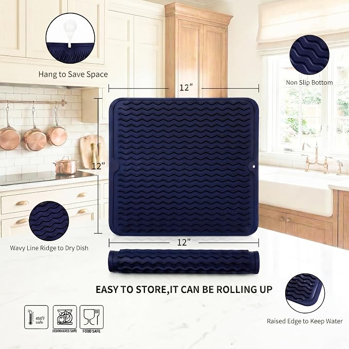 MicoYang Silicone Dish Drying Mat for Multiple Usage,Easy clean,Eco-friendly,Heat-resistant Silicone Mat for Kitchen Counter or Sink,Refrigerator or Drawer liner Navy Blue M 12 inches x 12 inches