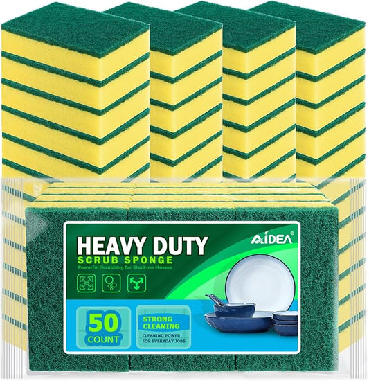 AIDEA Sponges Kitchen, 50-PK Heavy Duty Dish Sponge Kitchen, Scrub Sponges | Dish Sponges Stink-Free, Cleaning Dish Scrubber Sponges for Home & Restaurant, Bathroom, Bulk Sponges Best for Pots/ Pans