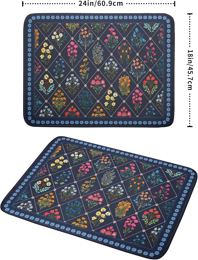 Lapis Blue Dish Drying Mat for Kitchen Counter Flowers Microfiber Absorbent Dish Draining Reusable Washable Large
